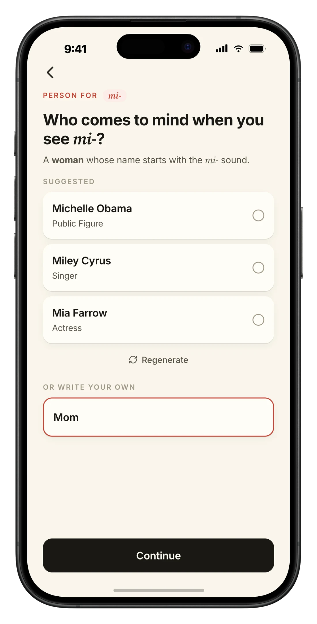 Tōngdá casting screen: choosing the Person for the mi- sound from suggestions, or writing your own
